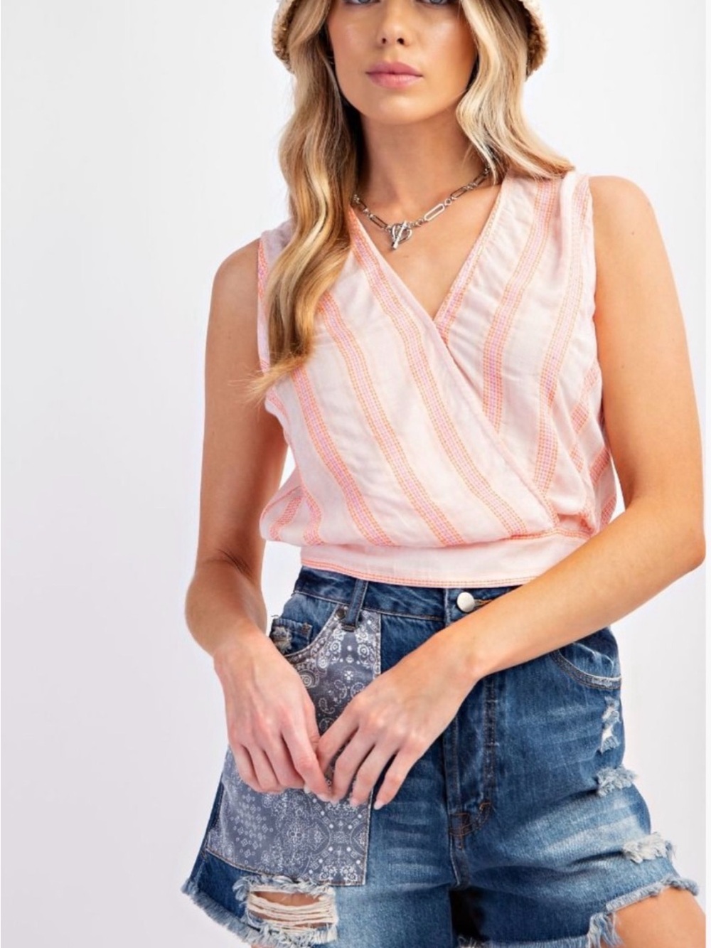 Sleeveless Pink Faux Wrap Front Summer Top